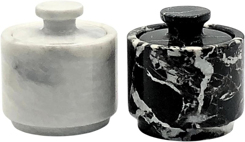 OceanicX Premium Marble Salt Cellar with Lid 2 Pack | 3.5 oz Kitchen Storage Container | Elegant Cooking Salt Box | Spice Jar Keeper for Counter (White Black Zebra) - Image 1