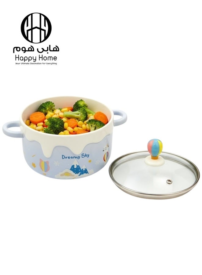 هابي هوم وعاء بورسلين بسعة 800 مل مع غطاء زجاجي ومقبضين جانبيين – طقم طهي وتقديم عالي الجودة للاستخدام المنزلي والمطبخ، مثالي للطعام الساخن والبارد - Image 2