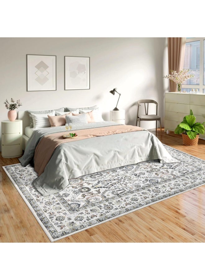 Washable Area Rug 9x12 ft - Large Non Slip Polyester Carpet with TPR Backing, Persian Floral Design, Pearl Velvet Soft Touch Foldable Floor Mat for Living Room Majlis Bedroom, Dark Gray 274x366 cm - Image 2