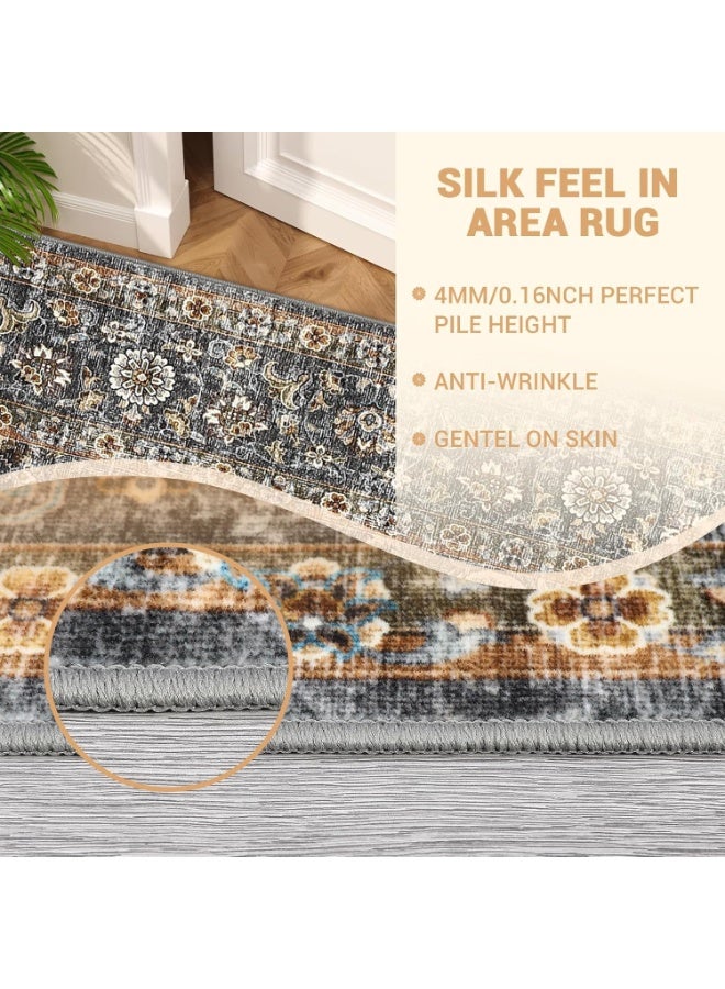 Washable Area Rug 9x12 ft - Large Non Slip Polyester Carpet with TPR Backing, Persian Floral Design, Pearl Velvet Soft Touch Foldable Floor Mat for Living Room Majlis Bedroom, Dark Gray 274x366 cm - Image 3
