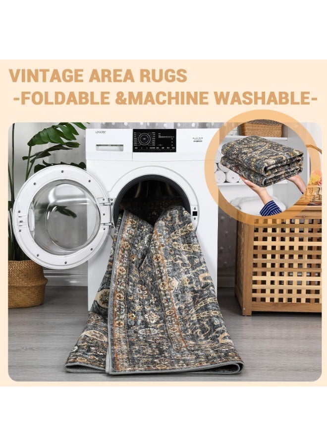 Washable Area Rug 9x12 ft - Large Non Slip Polyester Carpet with TPR Backing, Persian Floral Design, Pearl Velvet Soft Touch Foldable Floor Mat for Living Room Majlis Bedroom, Dark Gray 274x366 cm - Image 4
