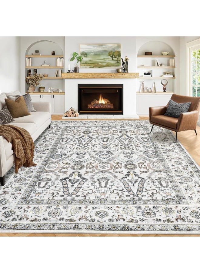 Washable Area Rug 9x12 ft - Large Non Slip Polyester Carpet with TPR Backing, Persian Floral Design, Pearl Velvet Soft Touch Foldable Floor Mat for Living Room Majlis Bedroom, Dark Gray 274x366 cm - Image 1