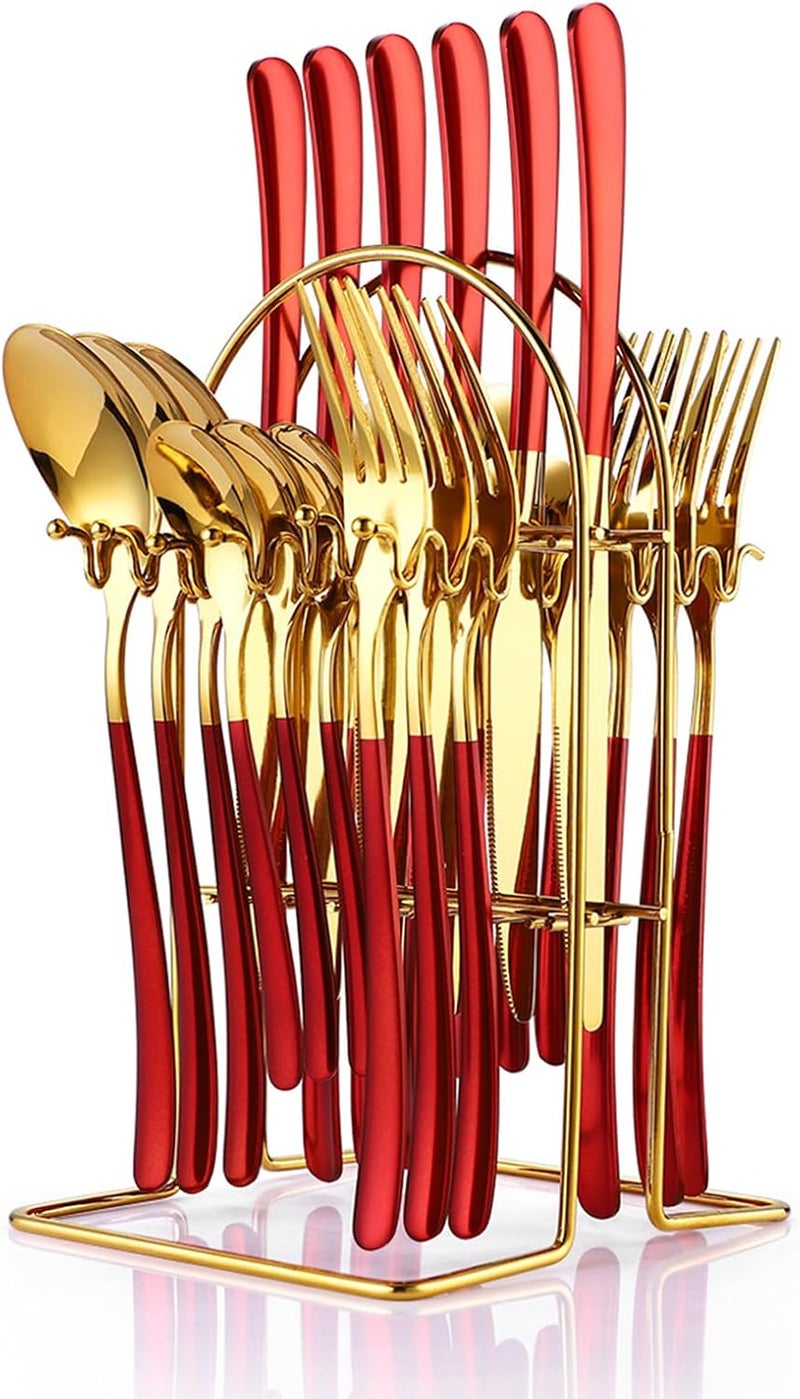 Caliamary 24 Pieces Silverware Set Stainless Steel Flatware Set with Silverware Holder Spoons Forks Knives SetUtensils Set Service for 6Cutlery Set for Kitchen Red 96inch - Image 1