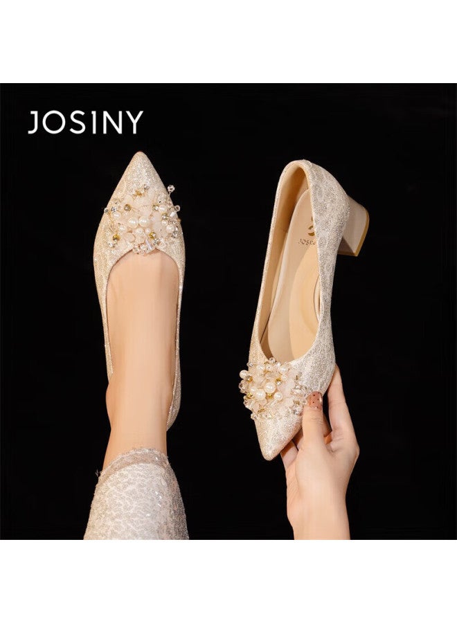 Josiny Pointed Toe High Heel Women's Chunky Heel  Spring New Bride Xiuhua Wedding Shoes French Style Pumps Champagne Gold 37 - Image 1