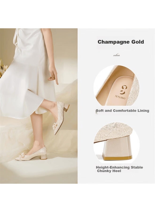 Josiny Pointed Toe High Heel Women's Chunky Heel  Spring New Bride Xiuhua Wedding Shoes French Style Pumps Champagne Gold 37 - Image 3