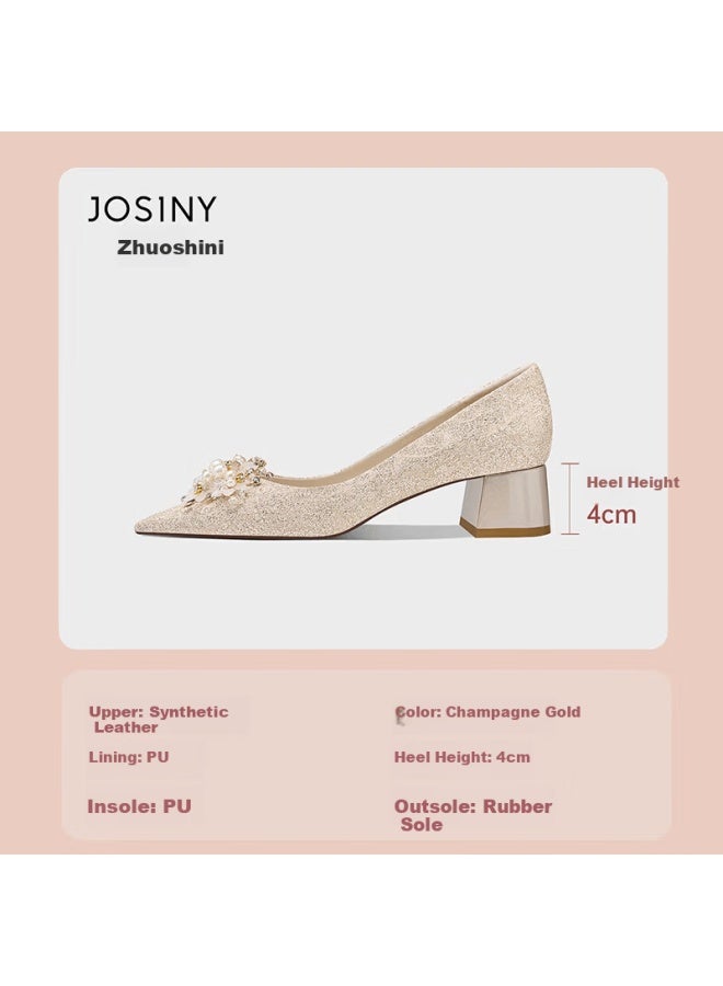 Josiny Pointed Toe High Heel Women's Chunky Heel  Spring New Bride Xiuhua Wedding Shoes French Style Pumps Champagne Gold 37 - Image 2