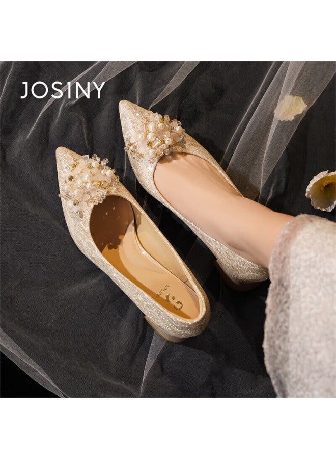 Josiny Pointed Toe High Heel Women's Chunky Heel  Spring New Bride Xiuhua Wedding Shoes French Style Pumps Champagne Gold 37 - Image 4