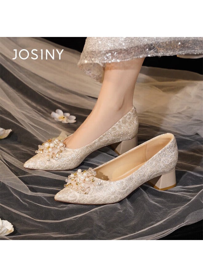 Josiny Pointed Toe High Heel Women's Chunky Heel  Spring New Bride Xiuhua Wedding Shoes French Style Pumps Champagne Gold 37 - Image 5