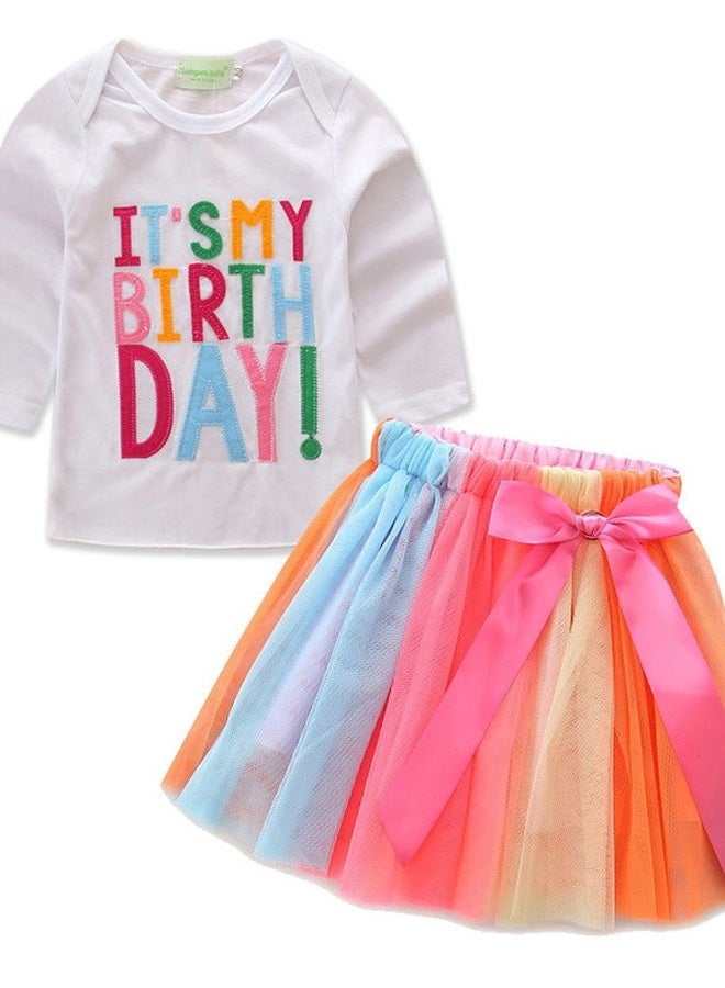 SAYOO Girls'It's My Birthday Print Shirt Tutu Skirt Dress Outfit Set, White Long Sleeve, 4-5 Years - Image 4