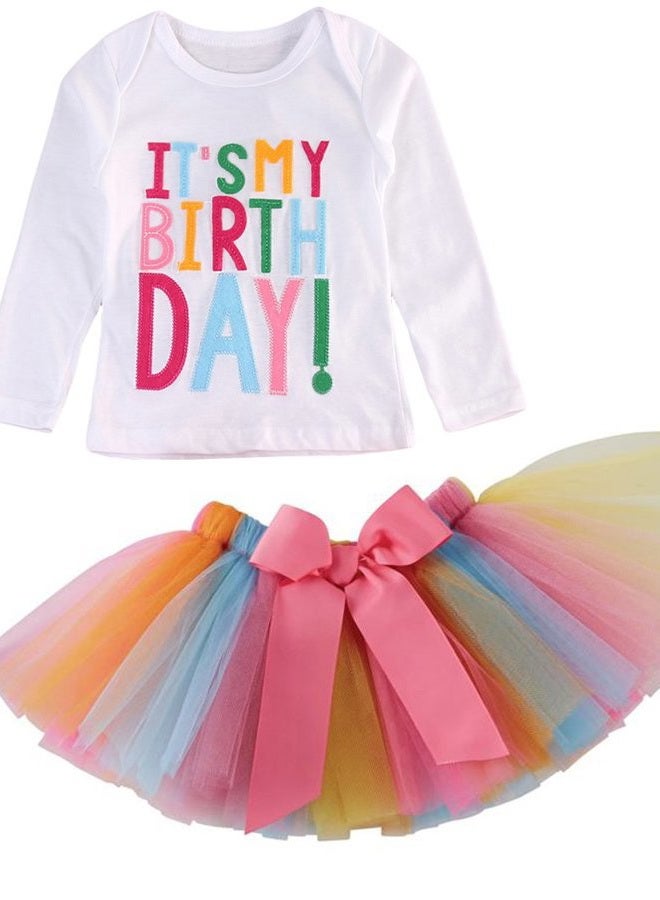 SAYOO Girls'It's My Birthday Print Shirt Tutu Skirt Dress Outfit Set, White Long Sleeve, 4-5 Years - Image 1