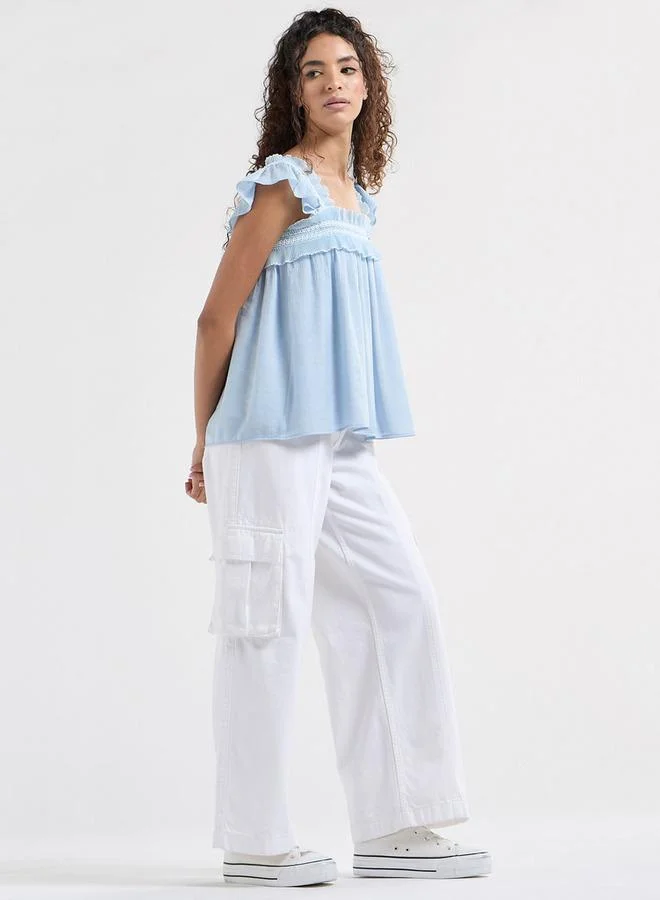 Splash FAV Textured Square Neck Top with Cap Sleeves and Ruffle Detail