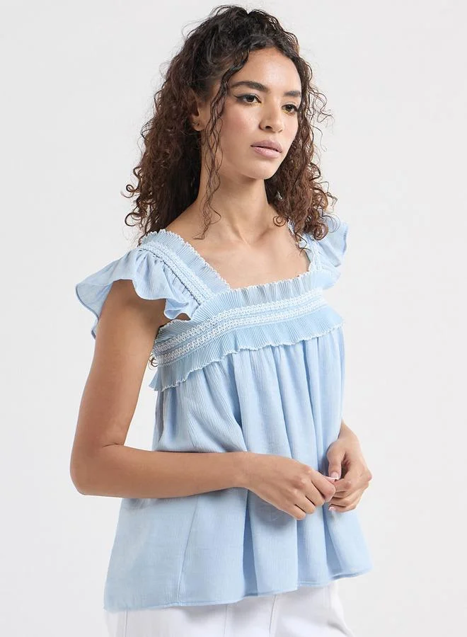 Splash FAV Textured Square Neck Top with Cap Sleeves and Ruffle Detail