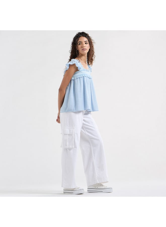 Splash FAV Textured Square Neck Top with Cap Sleeves and Ruffle Detail  - Image 2