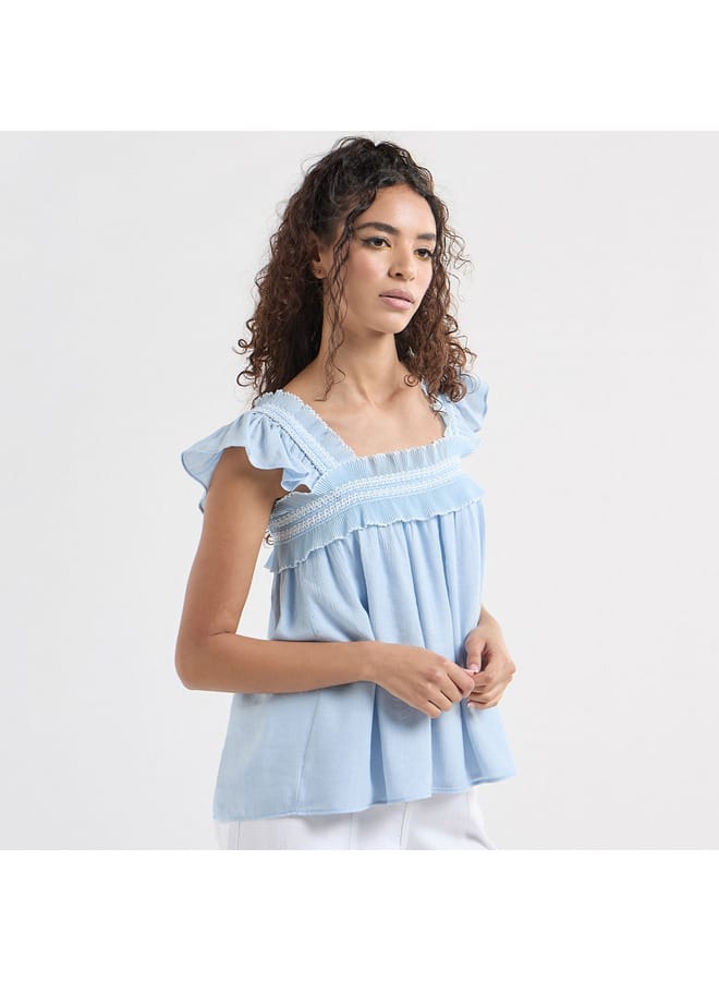 Splash FAV Textured Square Neck Top with Cap Sleeves and Ruffle Detail  - Image 1