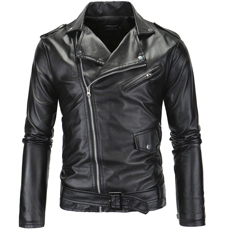 Men's Slim Fit PU Leather Biker Jacket with Lapel Collar - Image 2