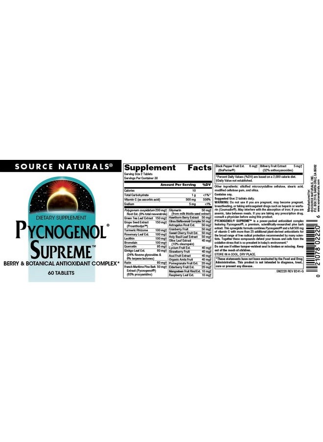 Source Naturals - Source Naturals Pycnogenol Supreme, Berry & Botanical Antioxidant Complex* - 60 Tablets - Image 1