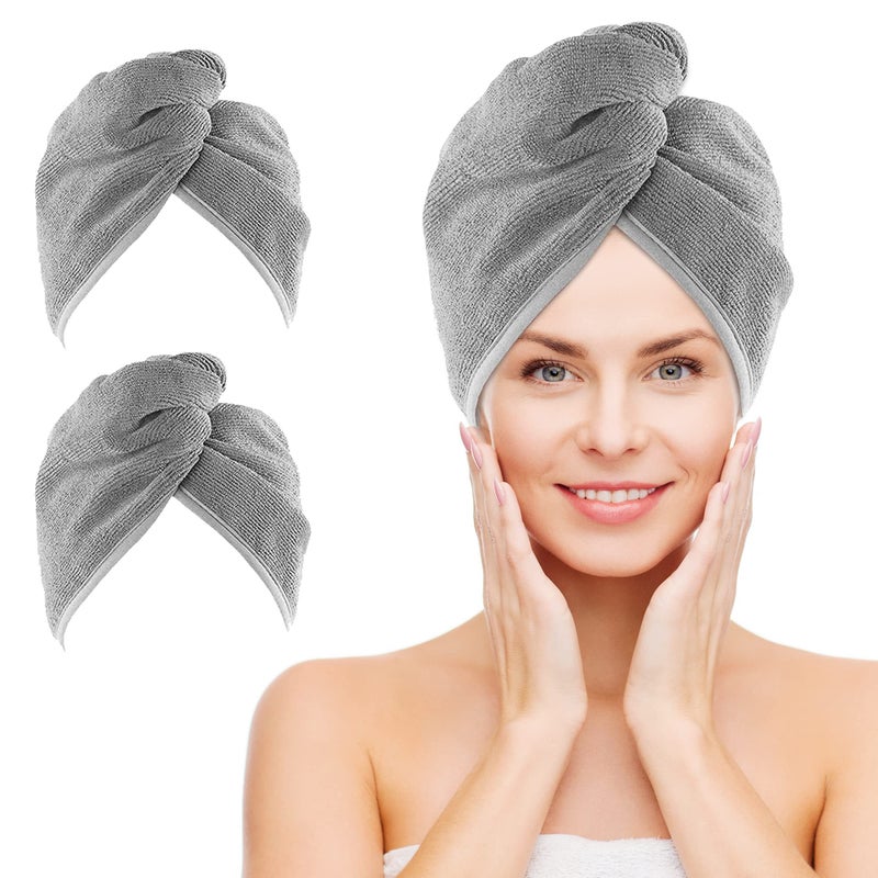 Nexcover Microfiber Hair Towel  2 Pack (Grey Color) 9.8 Inch X 25.5 Inch Hair Turbans Ultra Absorbent Fast Drying Hair Towel Wraps Head Towels For Women Wet Hair Long Curly Thick Frizzy Hair - Image 1