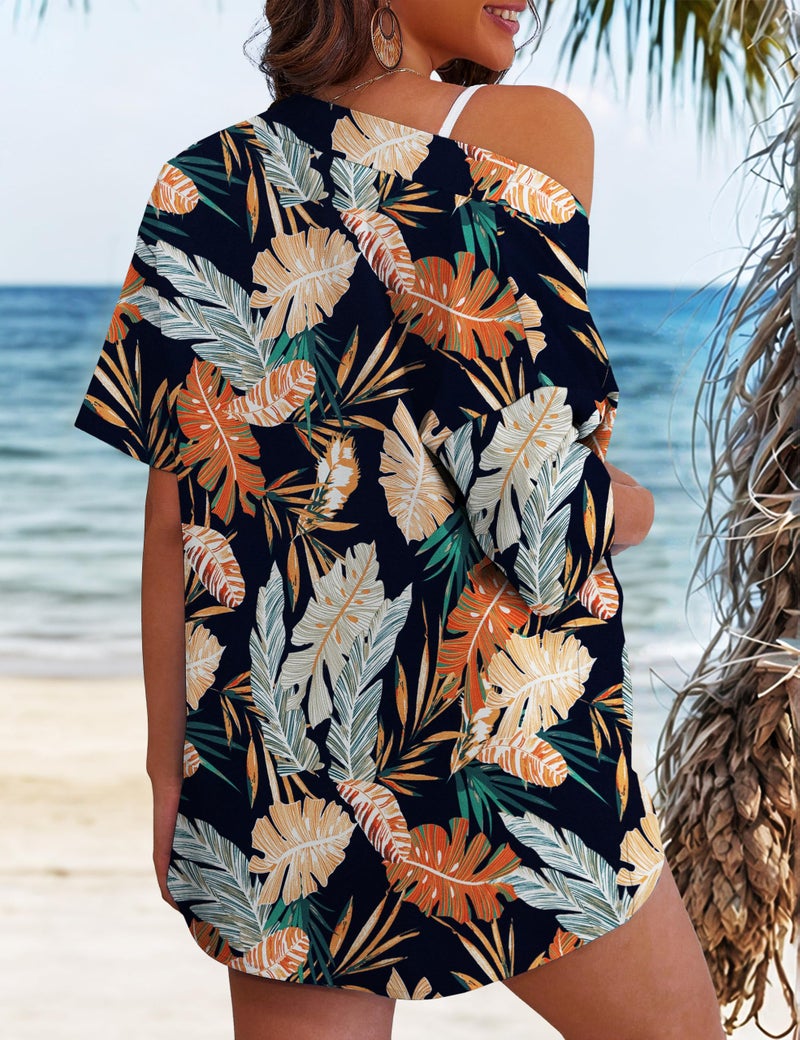 REDHOTYPE Women's 2 Piece Outfits Kimono Style Tropical Print Cover Ups Half Sleeve Blouse Shorts Set Summer Beachwear,Dark Flower 01,L - Image 4