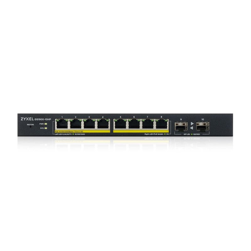 Zyxel Zyxel 8-Port Gigabit PoE Switch | Smart Managed | Desktop/Wall Mount and Fanless Design | 8 PoE+ Ports with a Budget of 77W and 2 SFP Ports | VLAN, IGMP, QoS | Lifetime Warranty [GS1900-10HP]  - Image 2