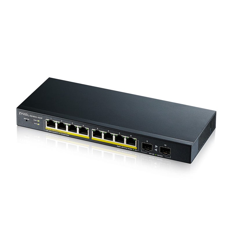 Zyxel Zyxel 8-Port Gigabit PoE Switch | Smart Managed | Desktop/Wall Mount and Fanless Design | 8 PoE+ Ports with a Budget of 77W and 2 SFP Ports | VLAN, IGMP, QoS | Lifetime Warranty [GS1900-10HP]  - Image 1