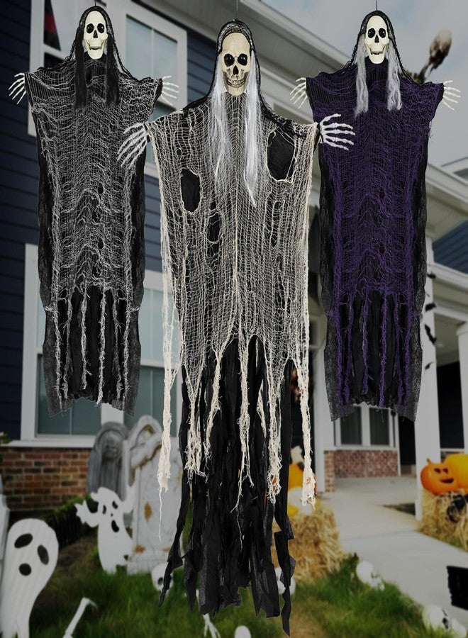 Kendane Halloween Decorations Outdoor and Indoor,3PCS Scary Hanging Ghosts,Halloween Grim Reaper Skeleton,Scary Party Decorations for Yard,Haunted House Decor - Image 1