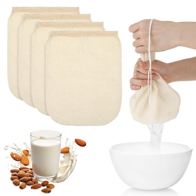 4 PACK COTTON NUT MILK BAG 8 6 INCHES FINE MESH CHEESE CLOTH MULTIPLE USAGE REUSABLE FOOD STRAINER PROFESSIONAL COLD BREW FILTER FOR STRAINING JUICE COFFEE YOGURT TEA COTTON 86 IN