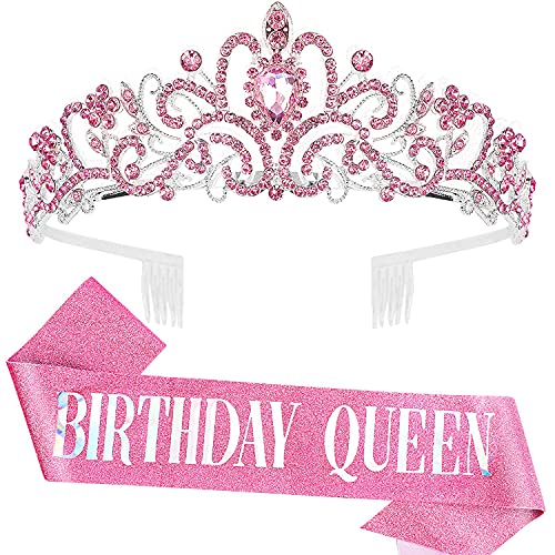 COCIDE Pink Birthday Queen Sash Crystal Tiara Birthday Tiaras and Crowns for Women Sashes for Girls Decorations Set Rhinestone Headband Hair Accessories Glitter Sash for Party - Image 1