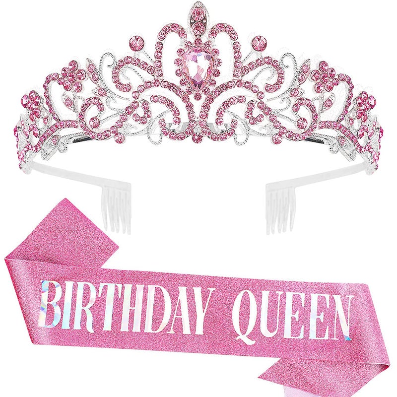 COCIDE Pink Birthday Queen Sash Crystal Tiara Birthday Tiaras and Crowns for Women Sashes for Girls Decorations Set Rhinestone Headband Hair Accessories Glitter Sash for Party - Image 2