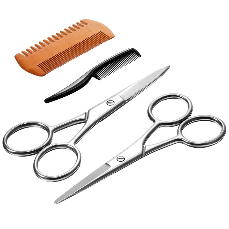 TecUnite 4 Pieces Mustache Scissors Grooming Kit for Men, Beard Trimmer Set, 2 Small Combs and 2 Scissors Beard Trimming Kit with Storage Bag Box - Image 1