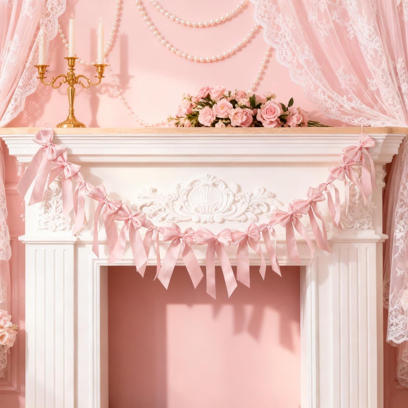 HODIHIWI 2pcs Pink Bow Banner Decorations for Women Girls Birthday Handmade Party Backdrop - Image 3