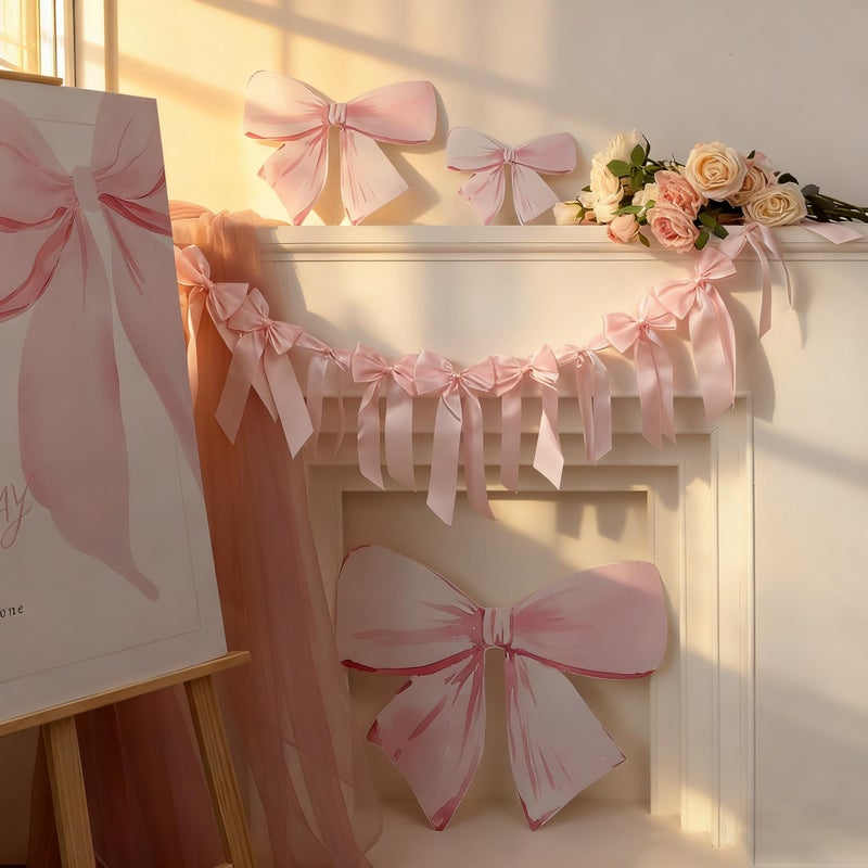 HODIHIWI 2pcs Pink Bow Banner Decorations for Women Girls Birthday Handmade Party Backdrop - Image 2