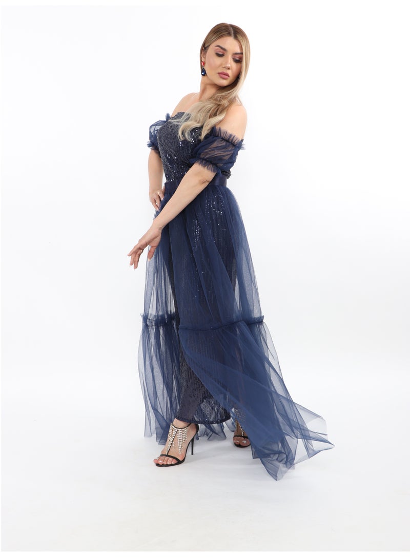 An Elegant Open Top Sequin Dress With A Train And Sleeves  - Image 2