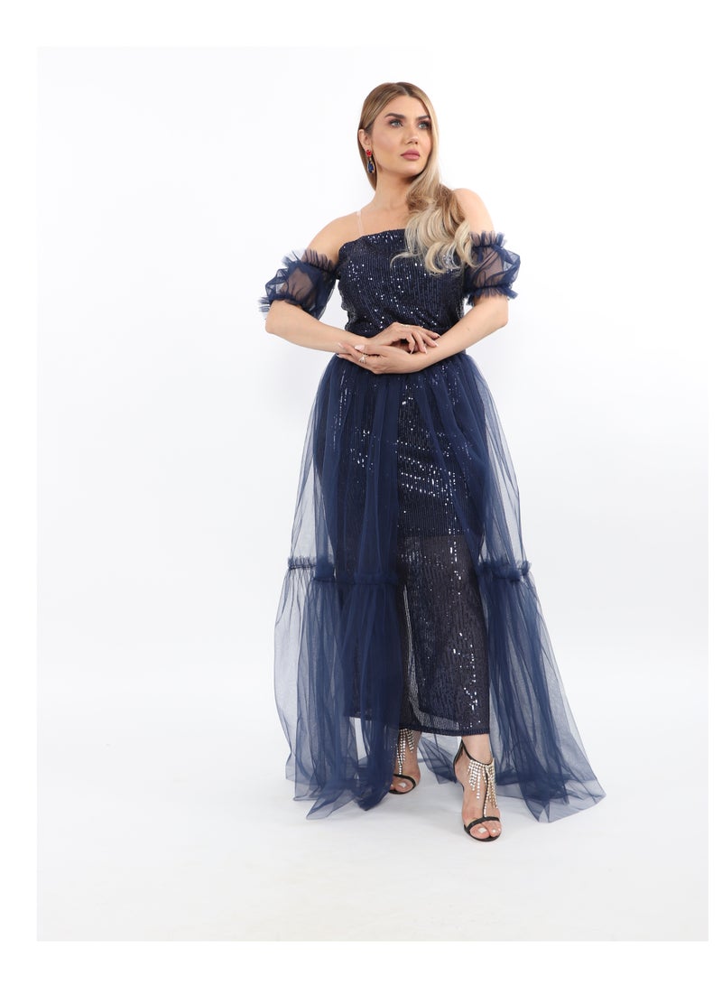 An Elegant Open Top Sequin Dress With A Train And Sleeves  - Image 1