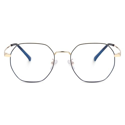Dervin Zero Power Computer Bluelight Blocking Glasses For Men and Women | Blue Cut Computer Glasses | Full Rim Hexagon Shape Glasses | Anti Glare, Lightweight & Blocks Harmful Rays (Gold-Black) - Image 2