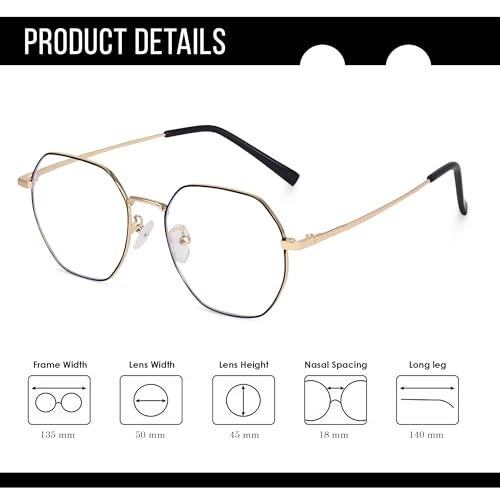 Dervin Zero Power Computer Bluelight Blocking Glasses For Men and Women | Blue Cut Computer Glasses | Full Rim Hexagon Shape Glasses | Anti Glare, Lightweight & Blocks Harmful Rays (Gold-Black) - Image 5
