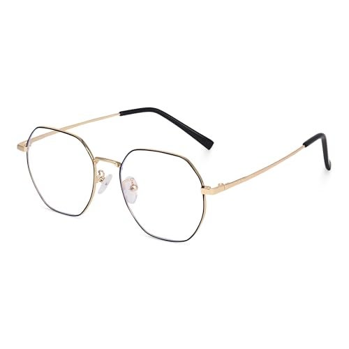 Dervin Zero Power Computer Bluelight Blocking Glasses For Men and Women | Blue Cut Computer Glasses | Full Rim Hexagon Shape Glasses | Anti Glare, Lightweight & Blocks Harmful Rays (Gold-Black) - Image 1