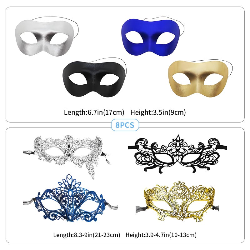 CNYMANY 8 Pcs Couple's Lace Masks Men Women's Sexy Eye-mask for Ball Party Venetian Masquerade Costume - Black, Gold, Silver, Blue - Image 2