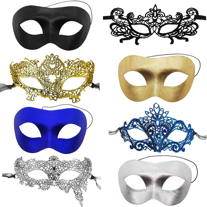 CNYMANY 8 Pcs Couple's Lace Masks Men Women's Sexy Eye-mask for Ball Party Venetian Masquerade Costume - Black, Gold, Silver, Blue - Image 1