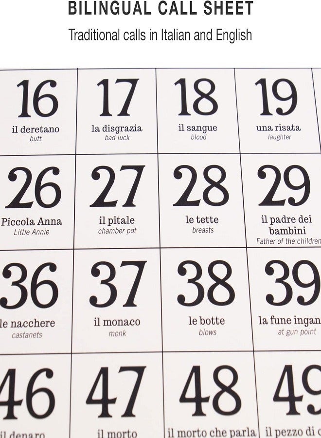 تومبولا - لعبة تومبولا اللوحية لعبة الحظ الإيطالية للعائلة والأصدقاء والحفلات الكبيرة حتى 24 لاعبًا تتضمن لوحة المناداة و90 بلاطة تومبوليني، و24 بطاقة مزدوجة الجوانب و360 رقاقة - Image 4