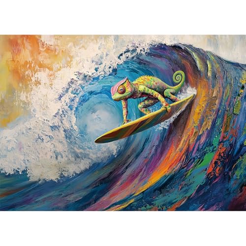 Hiwhy Vibrant Chameleon Surfing 1000 Piece Puzzle for Adults Challenging Puzzles Art Painting Jigsaw Puzzles Family Game Home Decor - Image 1