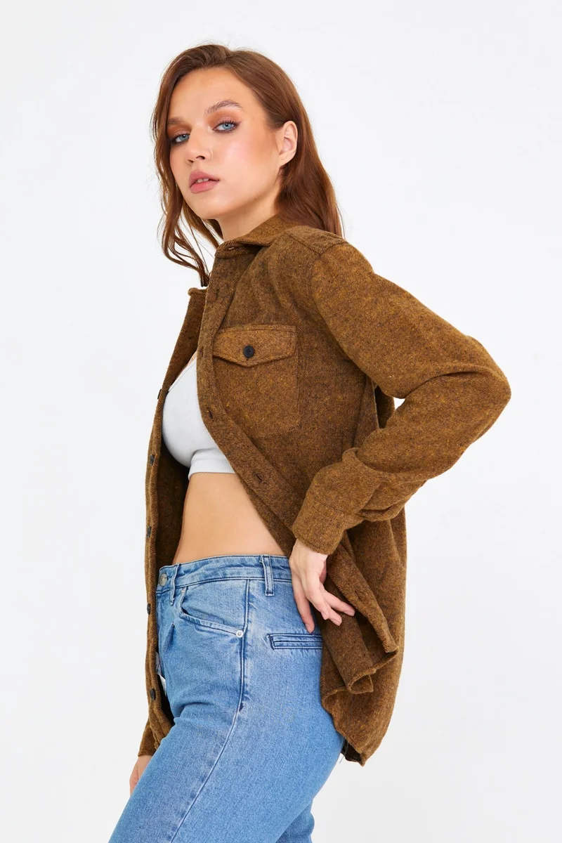 Cool Tarz Cool Style Mustard Women Slim Fit Button Down Collar Double Pocket Lumberjack Plain Shirt