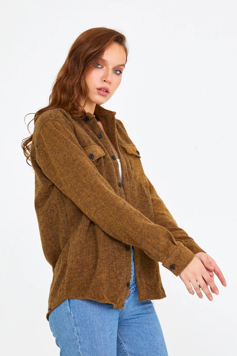 Cool Tarz Cool Style Mustard Women Slim Fit Button Down Collar Double Pocket Lumberjack Plain Shirt
