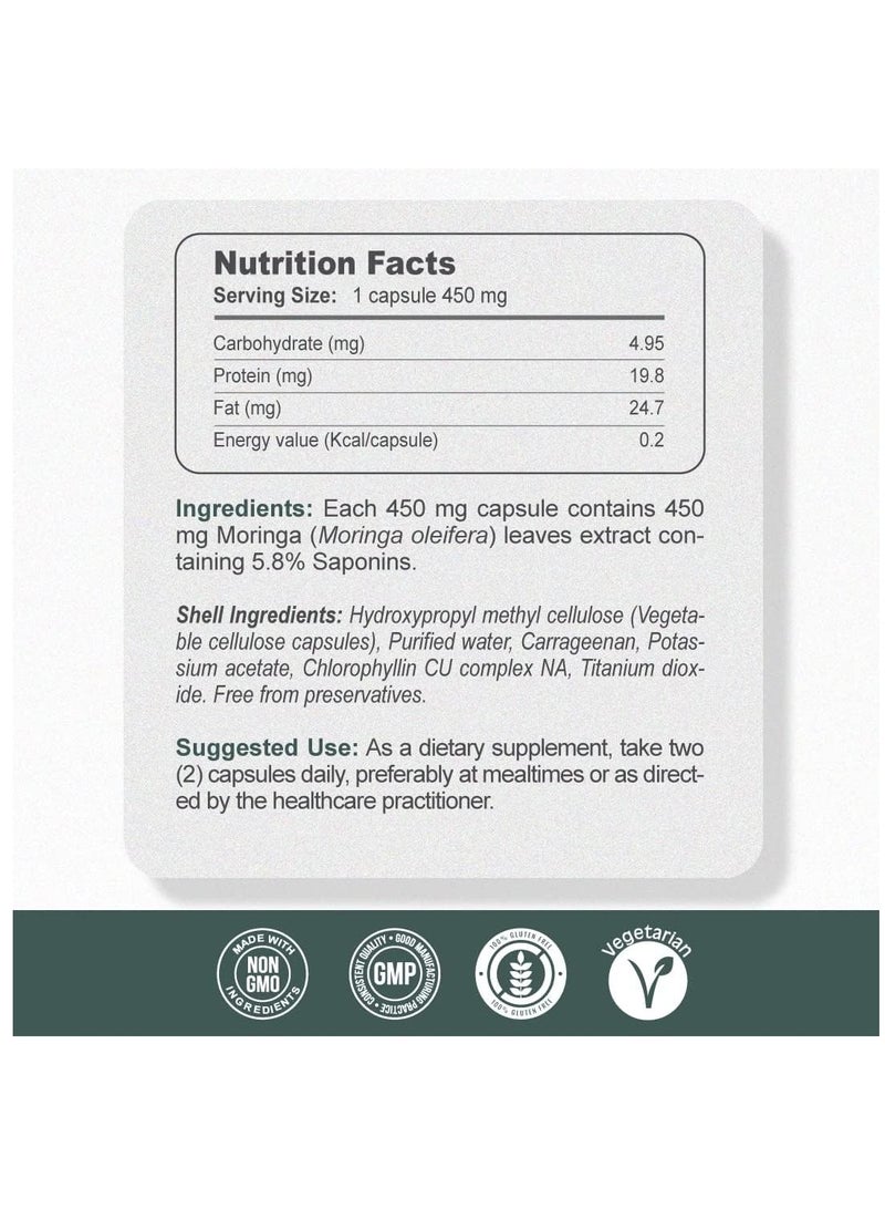 غاردينو كبسولات مستخلص أوراق المورينجا النقية من غاردينو - مُوَحَّدة بتركيز ٥.٨٪ من الصابونين | غنية بمضادات الأكسدة والفيتامينات الأساسية والأحماض الأمينية، مكمل غذائي طبيعي أخضر فائق الجودة - ٦٠ كبسولة - Image 2