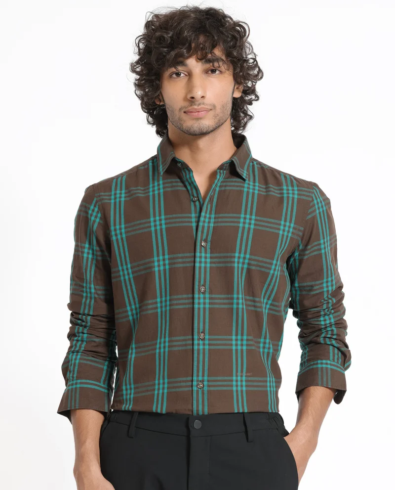 Rare Rabbit Rare Rabbit Men's Missys Brown Cotton Fabric Full Sleeves Checks Shirt