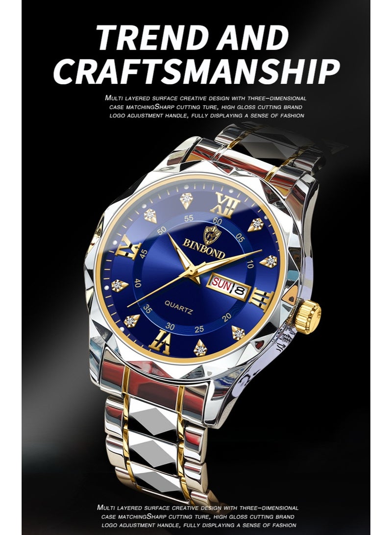 BINBOND Men's Business Stylish Dual Calendar Luminous Waterproof Quartz Watch - Image 2