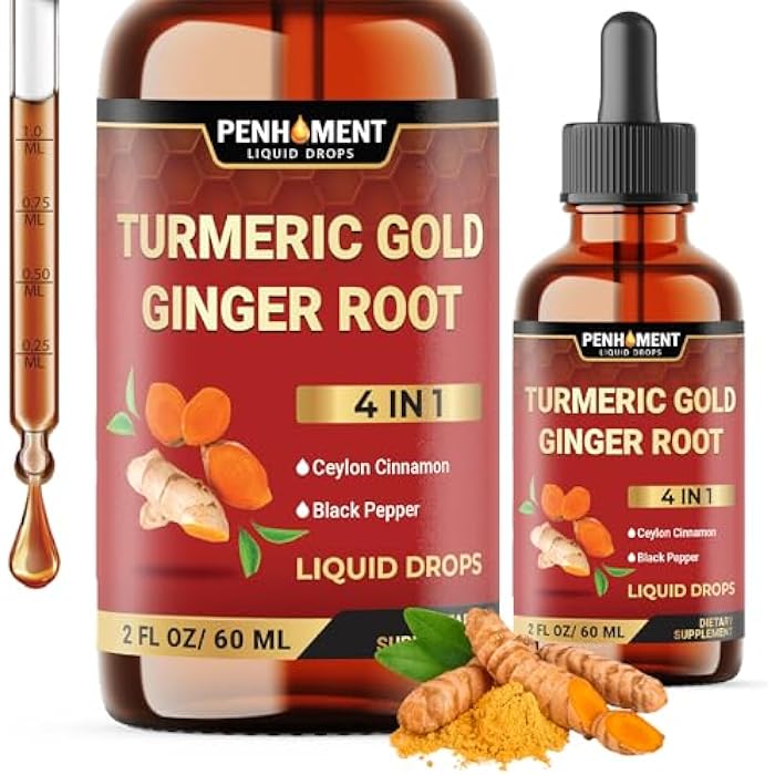 Penhoment 4 في 1 قطرات الكركمين السائل من الكركم مع الزنجبيل والقرفة السيلانية والفلفل الأسود - 2FL oz - 60 حصص - Image 1