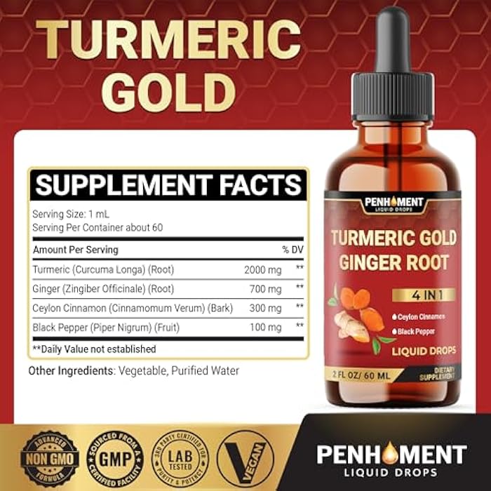 Penhoment 4 في 1 قطرات الكركمين السائل من الكركم مع الزنجبيل والقرفة السيلانية والفلفل الأسود - 2FL oz - 60 حصص - Image 2