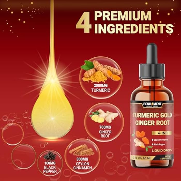 Penhoment 4 في 1 قطرات الكركمين السائل من الكركم مع الزنجبيل والقرفة السيلانية والفلفل الأسود - 2FL oz - 60 حصص - Image 3