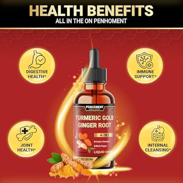 Penhoment 4 في 1 قطرات الكركمين السائل من الكركم مع الزنجبيل والقرفة السيلانية والفلفل الأسود - 2FL oz - 60 حصص - Image 4