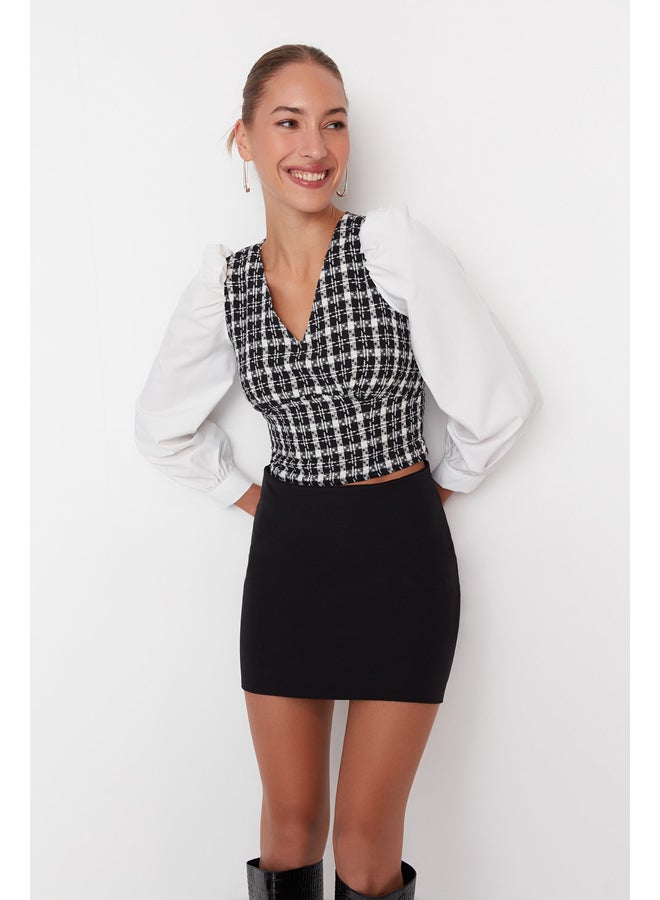 trendyol Black Crop Fitted Tweed Woven Blouse TWOAW23BZ00521 - Image 1